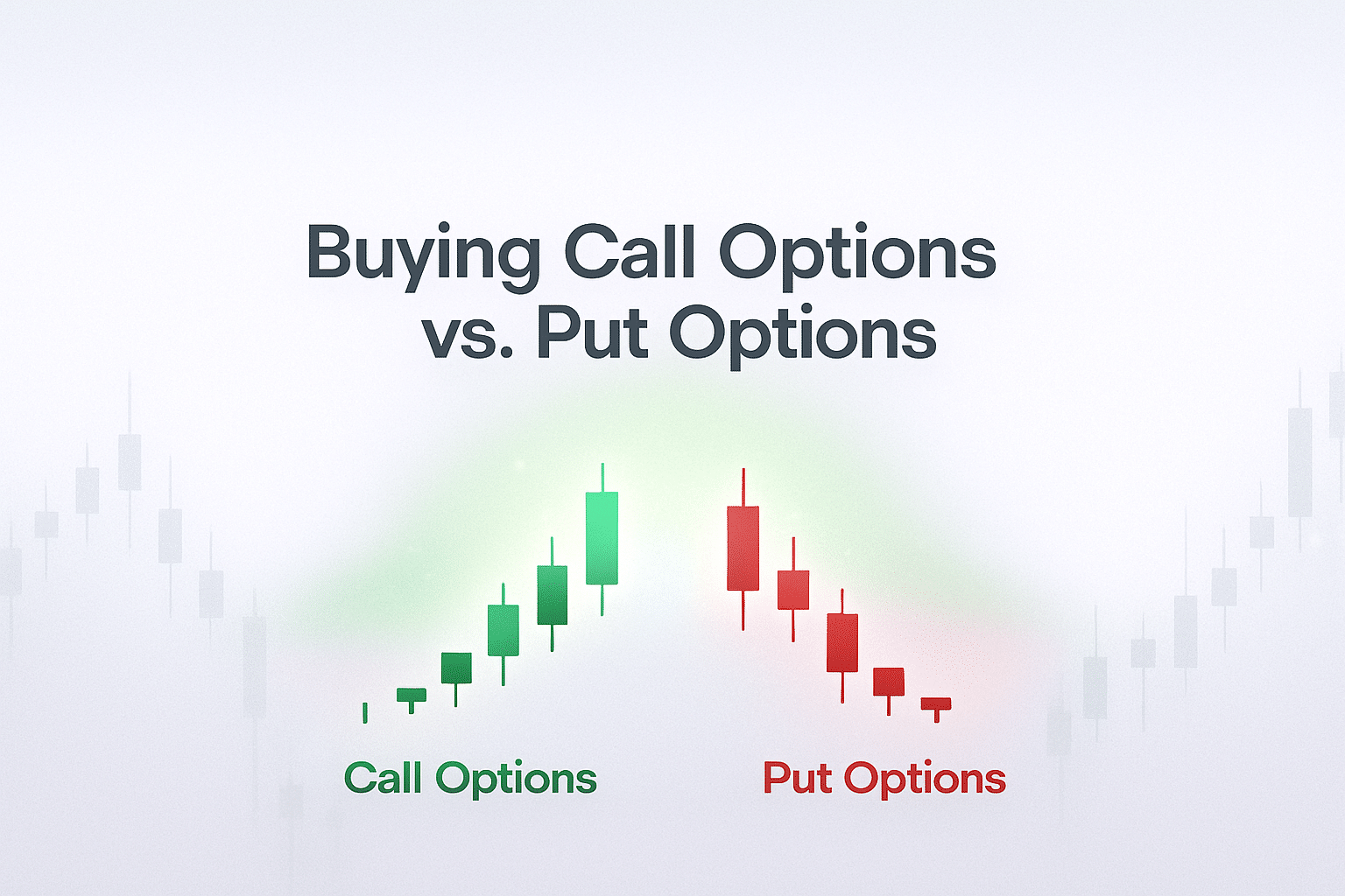call options vs put options buying guide feature image with clear text on green for call options and red for put options.
